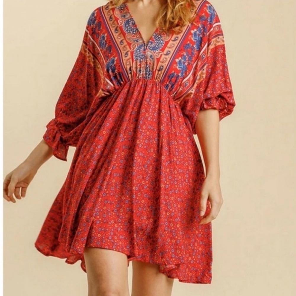 🌸Host Pick🌸 Umgee Red Bohemian V-Neck Dress with Blue and Orange Accents size 1X